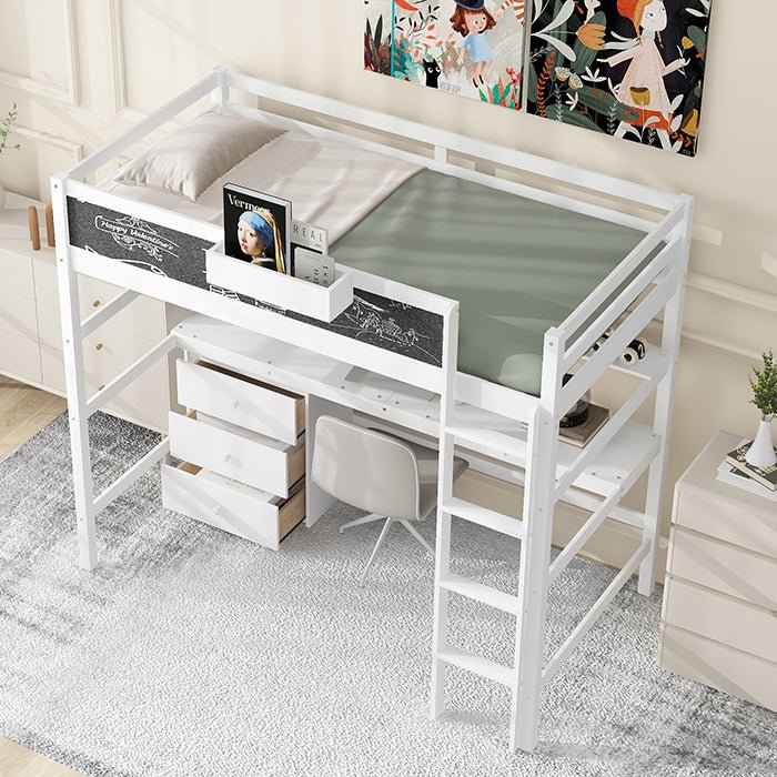 Bellemave® Twin Size Loft Bed with Desk, Blackboard and Storage Box, Shelf and 3 Drawers - Bellemave