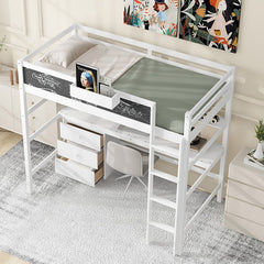 Bellemave® Twin Size Loft Bed with Desk, Blackboard and Storage Box, Shelf and 3 Drawers - Bellemave
