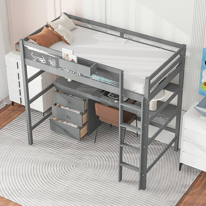 Bellemave® Twin Size Loft Bed with Desk, Blackboard and Storage Box, Shelf and 3 Drawers - Bellemave