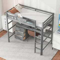 Bellemave® Twin Size Loft Bed with Desk, Blackboard and Storage Box, Shelf and 3 Drawers - Bellemave
