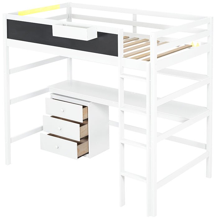 Bellemave® Twin Size Loft Bed with Desk, Blackboard and Storage Box, Shelf and 3 Drawers - Bellemave