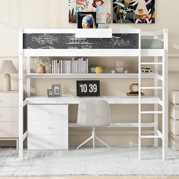 Bellemave® Twin Size Loft Bed with Desk, Blackboard and Storage Box, Shelf and 3 Drawers - Bellemave