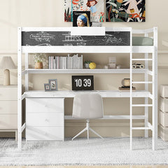 Bellemave® Twin Size Loft Bed with Desk, Blackboard and Storage Box, Shelf and 3 Drawers - Bellemave