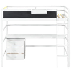 Bellemave® Twin Size Loft Bed with Desk, Blackboard and Storage Box, Shelf and 3 Drawers - Bellemave
