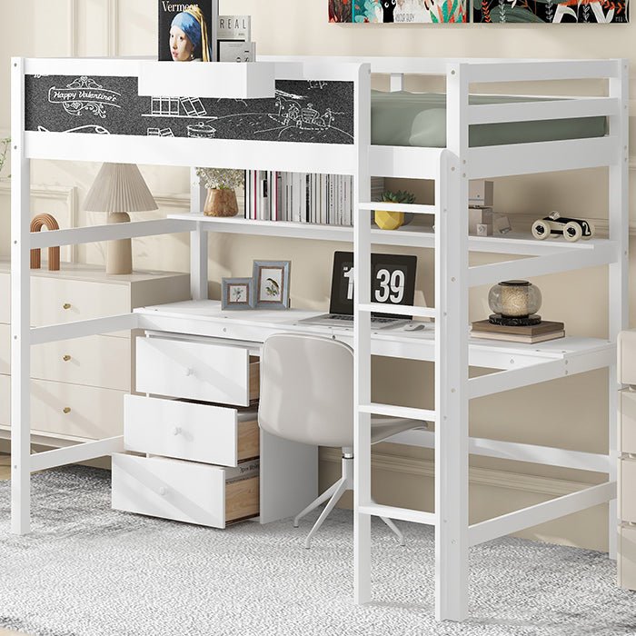Bellemave® Twin Size Loft Bed with Desk, Blackboard and Storage Box, Shelf and 3 Drawers - Bellemave