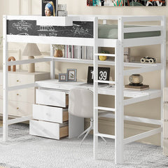 Bellemave® Twin Size Loft Bed with Desk, Blackboard and Storage Box, Shelf and 3 Drawers - Bellemave