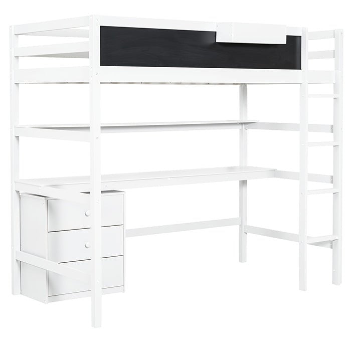 Bellemave® Twin Size Loft Bed with Desk, Blackboard and Storage Box, Shelf and 3 Drawers - Bellemave