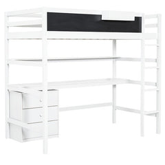 Bellemave® Twin Size Loft Bed with Desk, Blackboard and Storage Box, Shelf and 3 Drawers - Bellemave