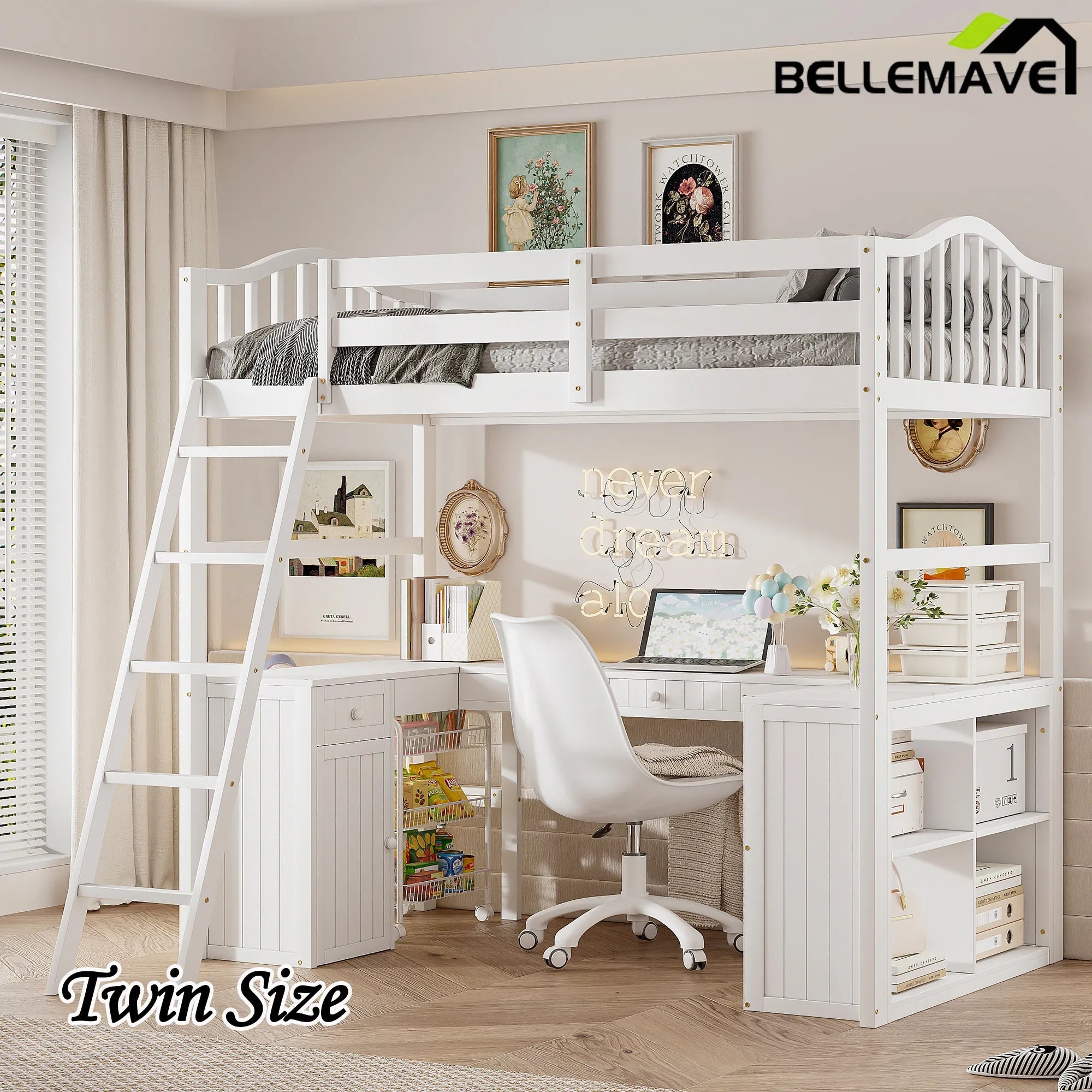 Bellemave® Twin Size Loft Bed with Drawers, Cabinet, Shelves and Desk - Bellemave
