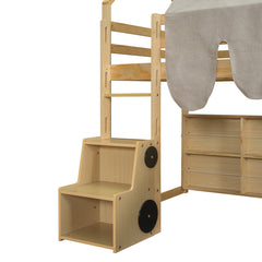 Bellemave® Twin Size Loft Bed with Play House Shape, Wooden Loft Bed House - Shaped Frame with a Tent, Slide & a Ladder - Bellemave
