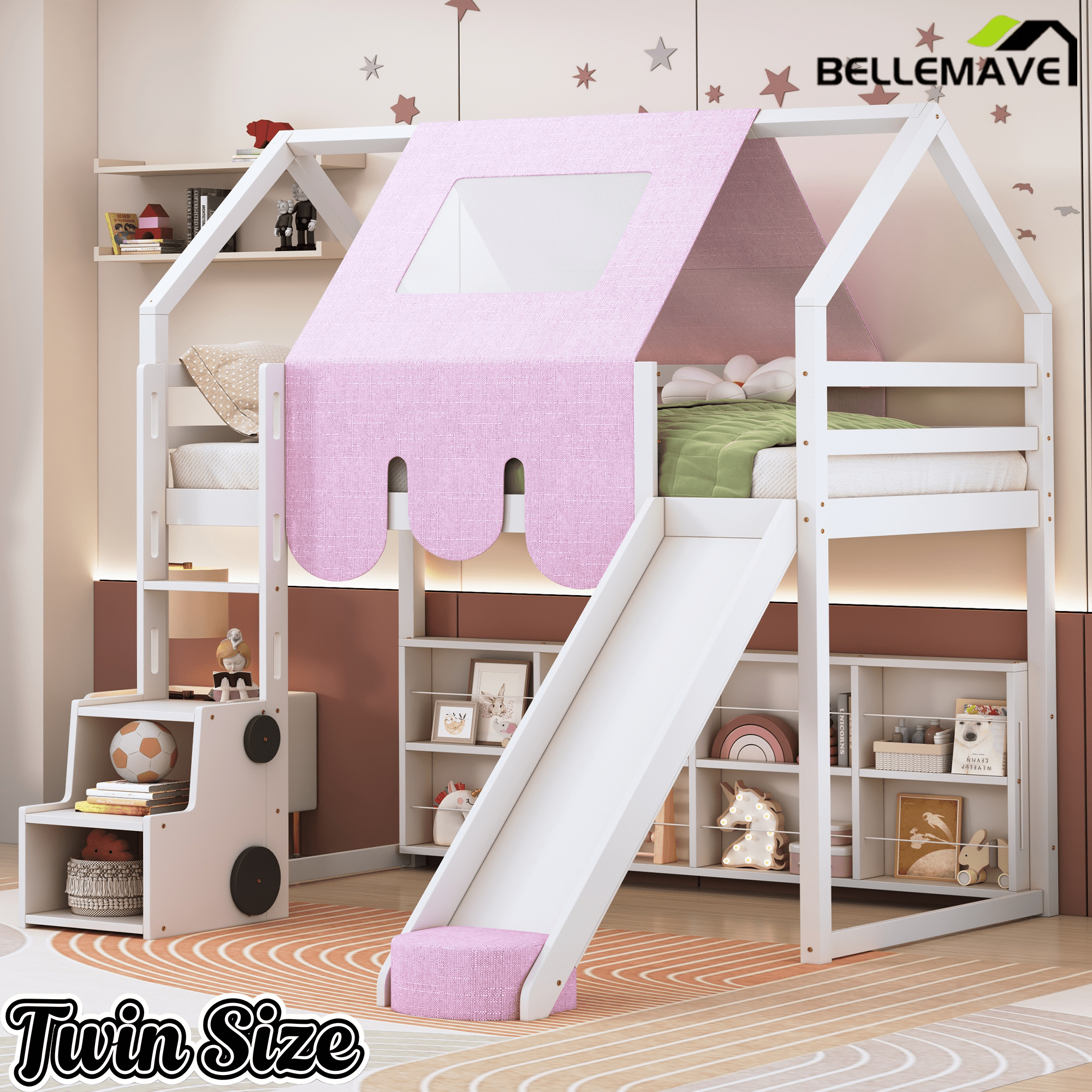 Bellemave® Twin Size Loft Bed with Play House Shape, Wooden Loft Bed House - Shaped Frame with a Tent, Slide & a Ladder - Bellemave