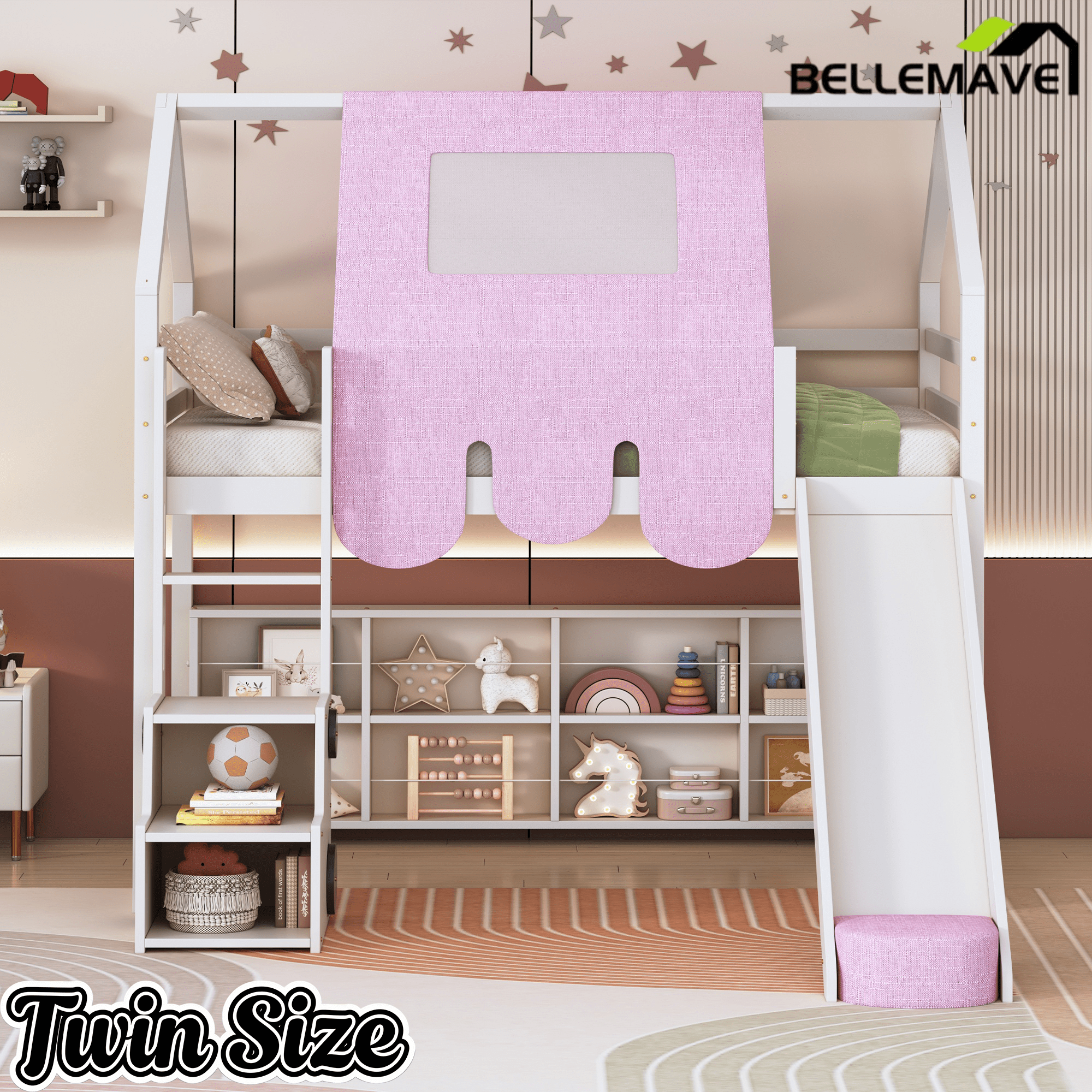 Bellemave® Twin Size Loft Bed with Play House Shape, Wooden Loft Bed House - Shaped Frame with a Tent, Slide & a Ladder - Bellemave