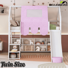 Bellemave® Twin Size Loft Bed with Play House Shape, Wooden Loft Bed House - Shaped Frame with a Tent, Slide & a Ladder - Bellemave
