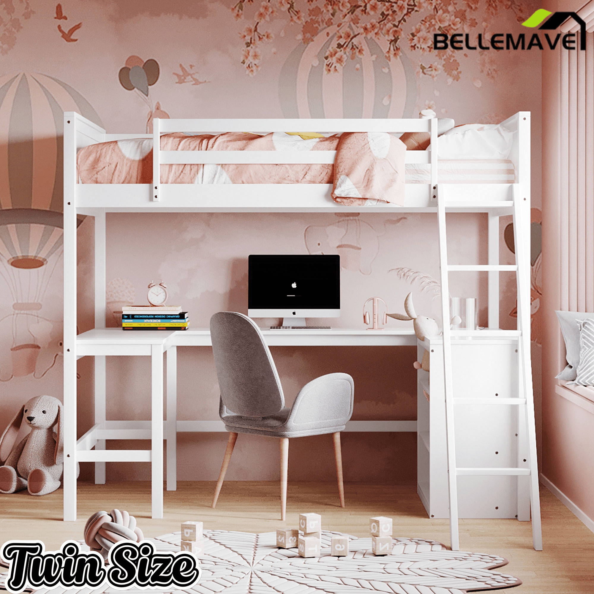 Bellemave® Twin Size Loft Bed with Shelves and Desk - Bellemave