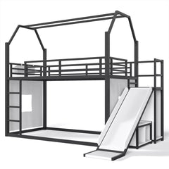 Kids house loft bed frame with slide and safety guardrails