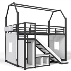 Twin loft bed with house design and under bed play space