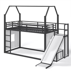 Twin size house loft bed with slide and metal frame for kids bedroom
