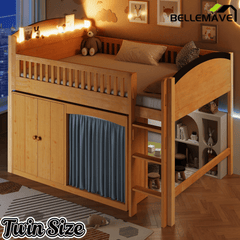 Bellemave® Twin Size Loft Bed with Storage Cabinet, Wardrobe and LED – Space - Saving Kids & Teens Loft Bed - Bellemave