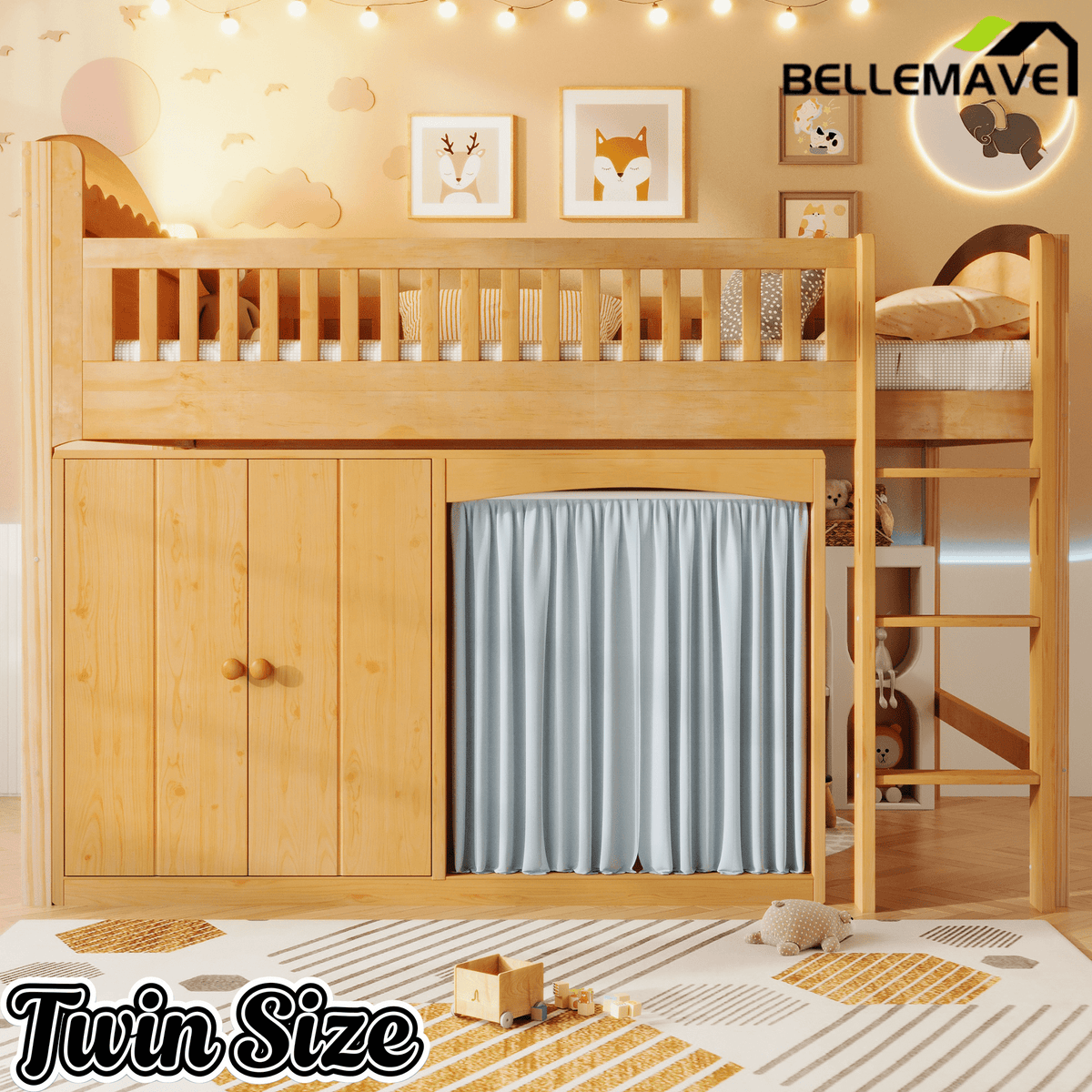 Bellemave® Twin Size Loft Bed with Storage Cabinet, Wardrobe and LED – Space - Saving Kids & Teens Loft Bed - Bellemave