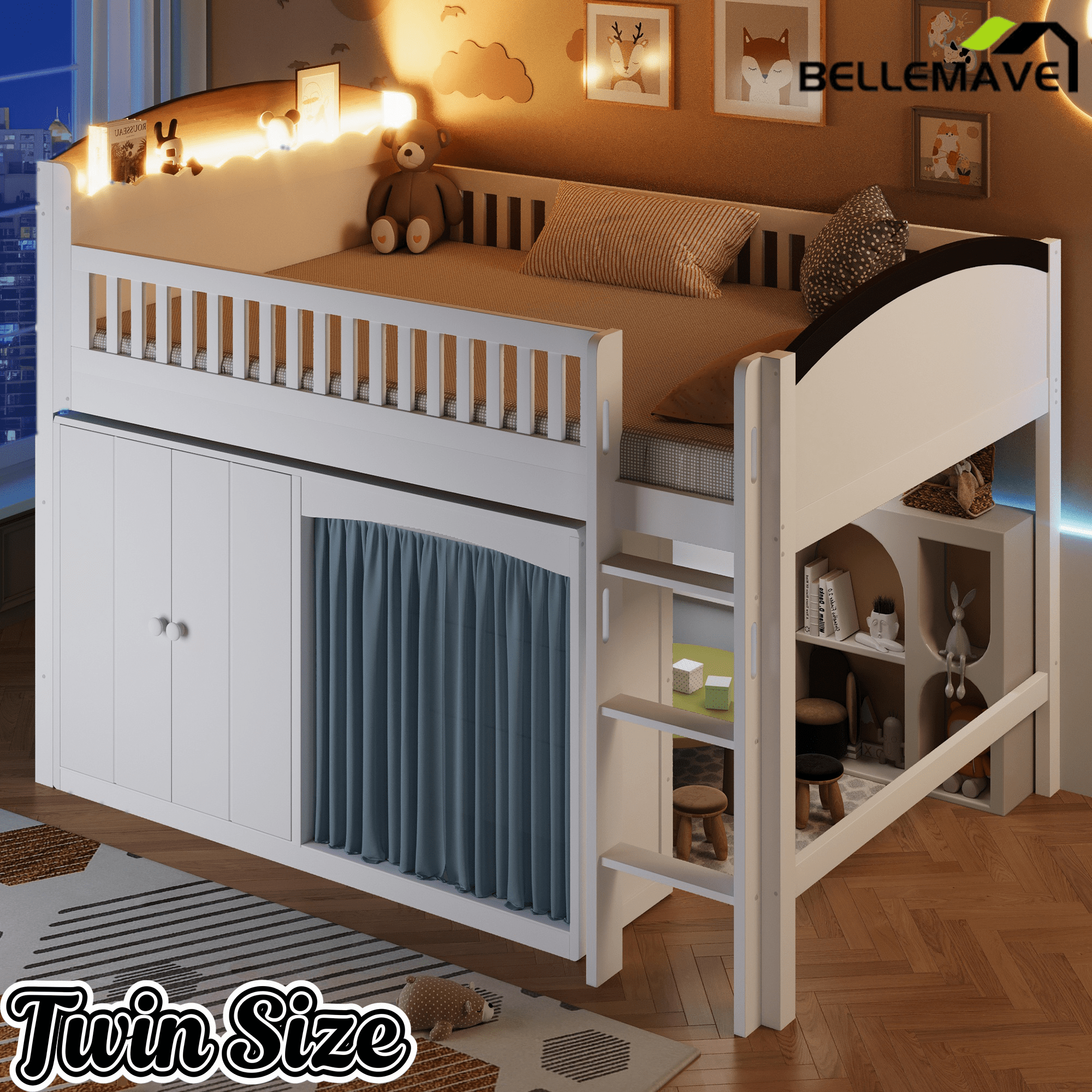 Bellemave® Twin Size Loft Bed with Storage Cabinet, Wardrobe and LED – Space - Saving Kids & Teens Loft Bed - Bellemave