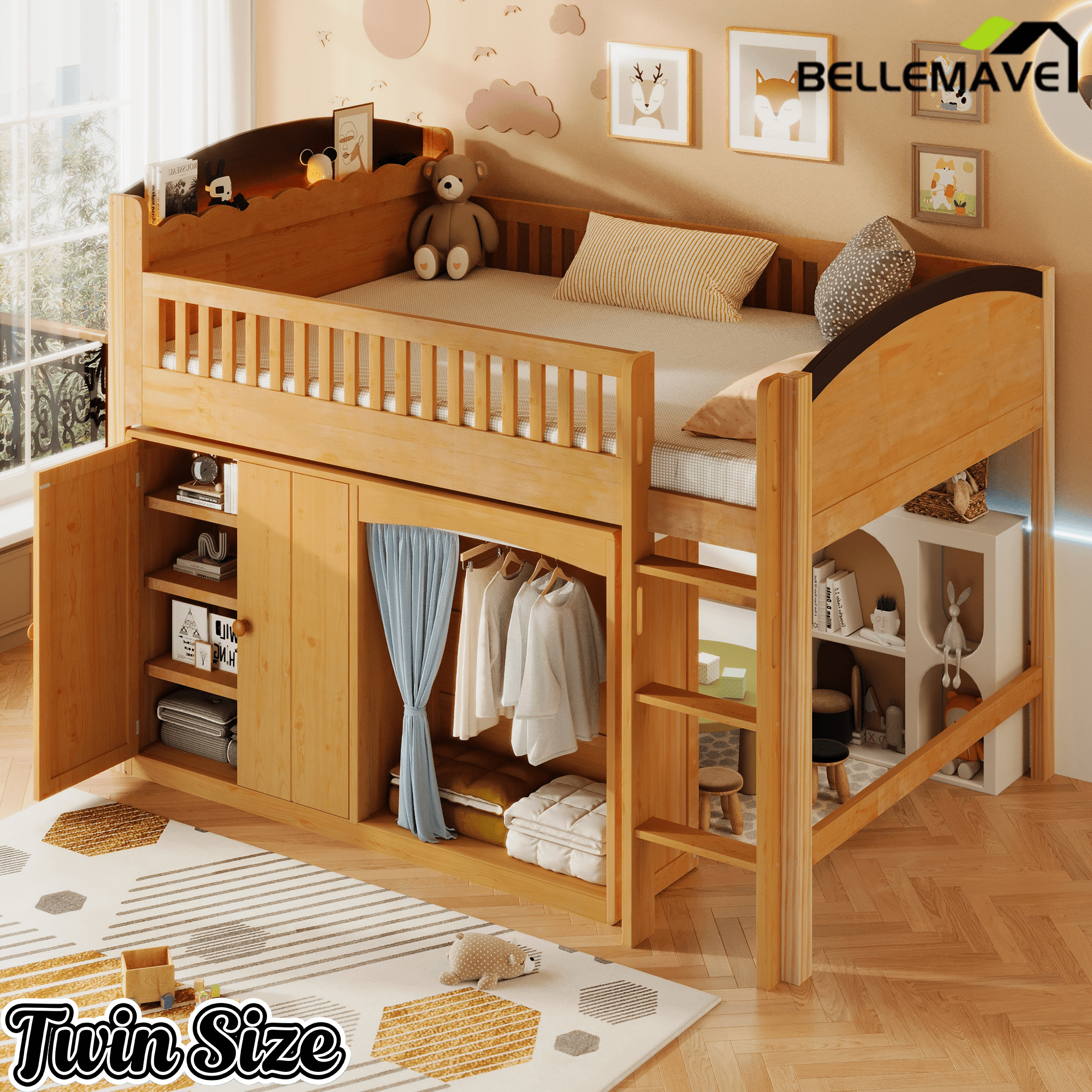 Bellemave® Twin Size Loft Bed with Storage Cabinet, Wardrobe and LED – Space - Saving Kids & Teens Loft Bed - Bellemave