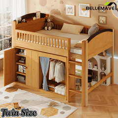Bellemave® Twin Size Loft Bed with Storage Cabinet, Wardrobe and LED – Space - Saving Kids & Teens Loft Bed - Bellemave