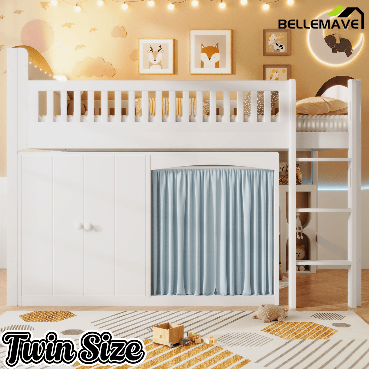 Bellemave® Twin Size Loft Bed with Storage Cabinet, Wardrobe and LED – Space - Saving Kids & Teens Loft Bed - Bellemave