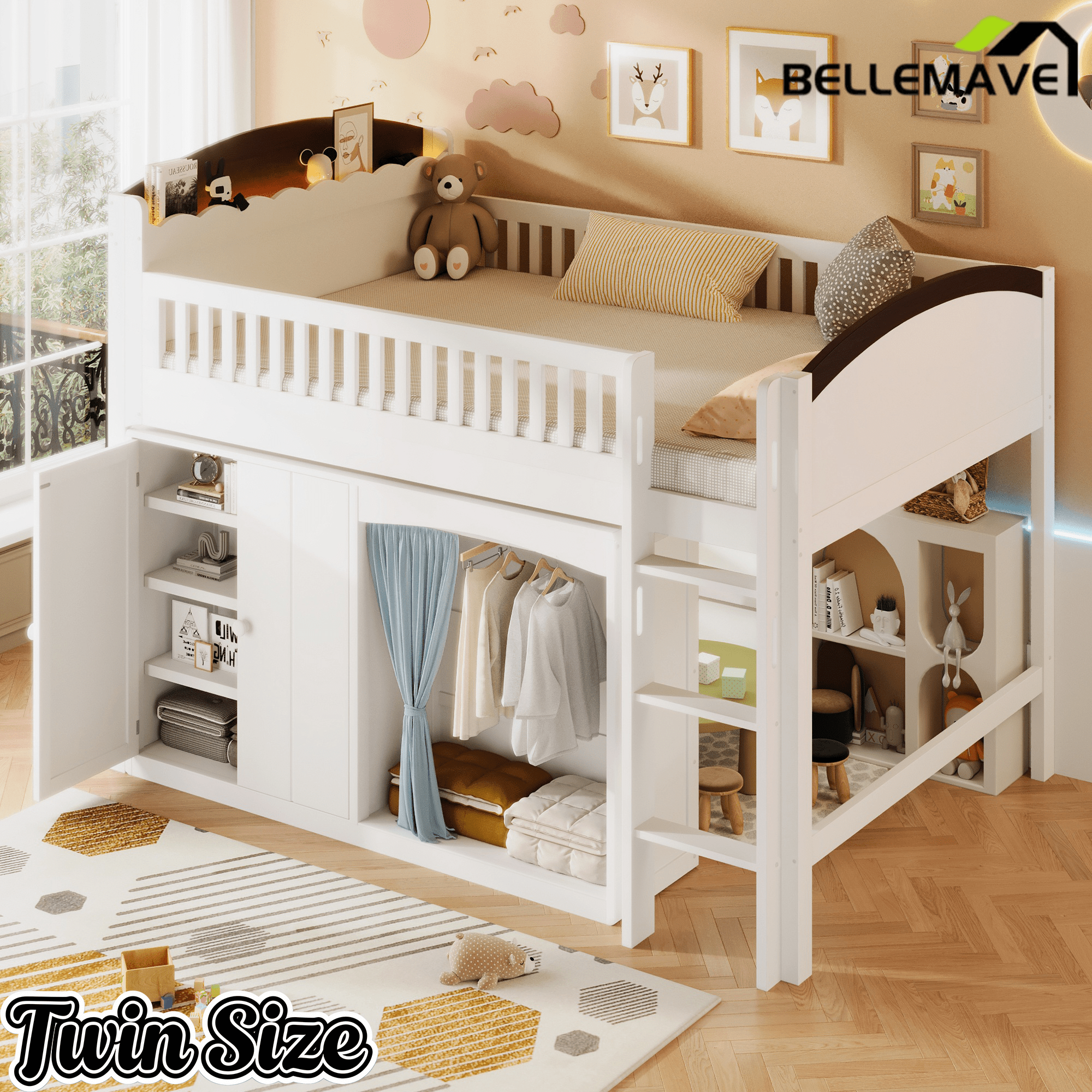 Bellemave® Twin Size Loft Bed with Storage Cabinet, Wardrobe and LED – Space - Saving Kids & Teens Loft Bed - Bellemave