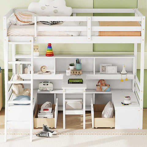 Bellemave® Twin Size Loft Bed with Storage Shelves, Drawers, Seat And
