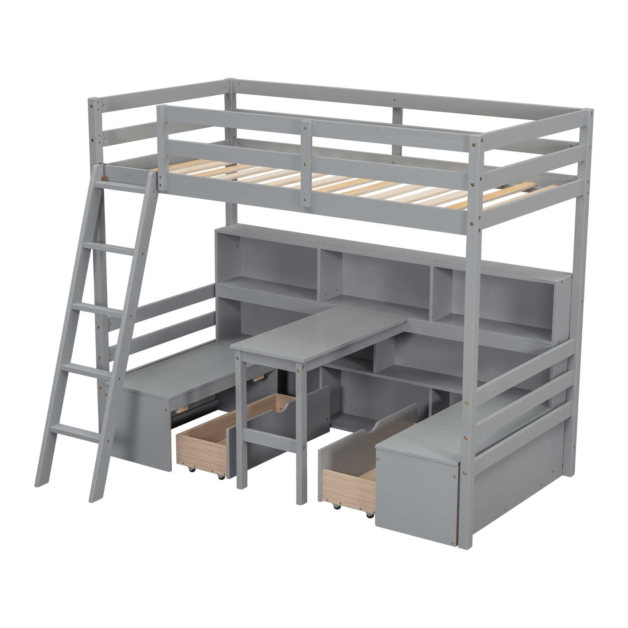 Bellemave® Twin Size Loft Bed with Storage Shelves, Drawers, Seat And Desk - Bellemave