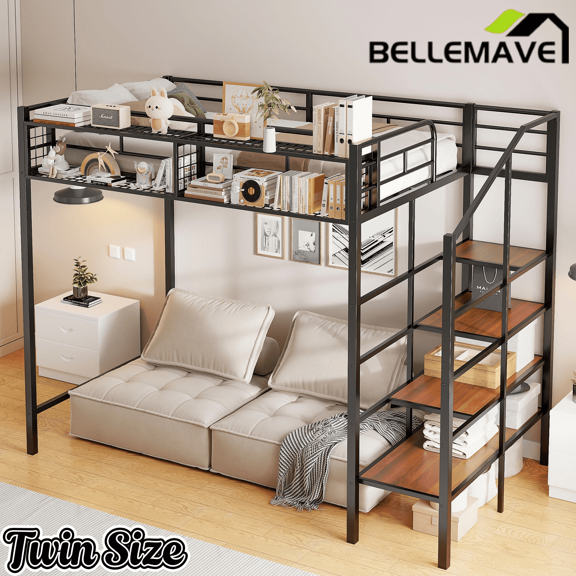Bellemave® Twin Size loft Bed with Storage Stairs and Upper Grid Storage Shelf, Metal Twin Loft Bed Frame for Adults & Teens - Bellemave
