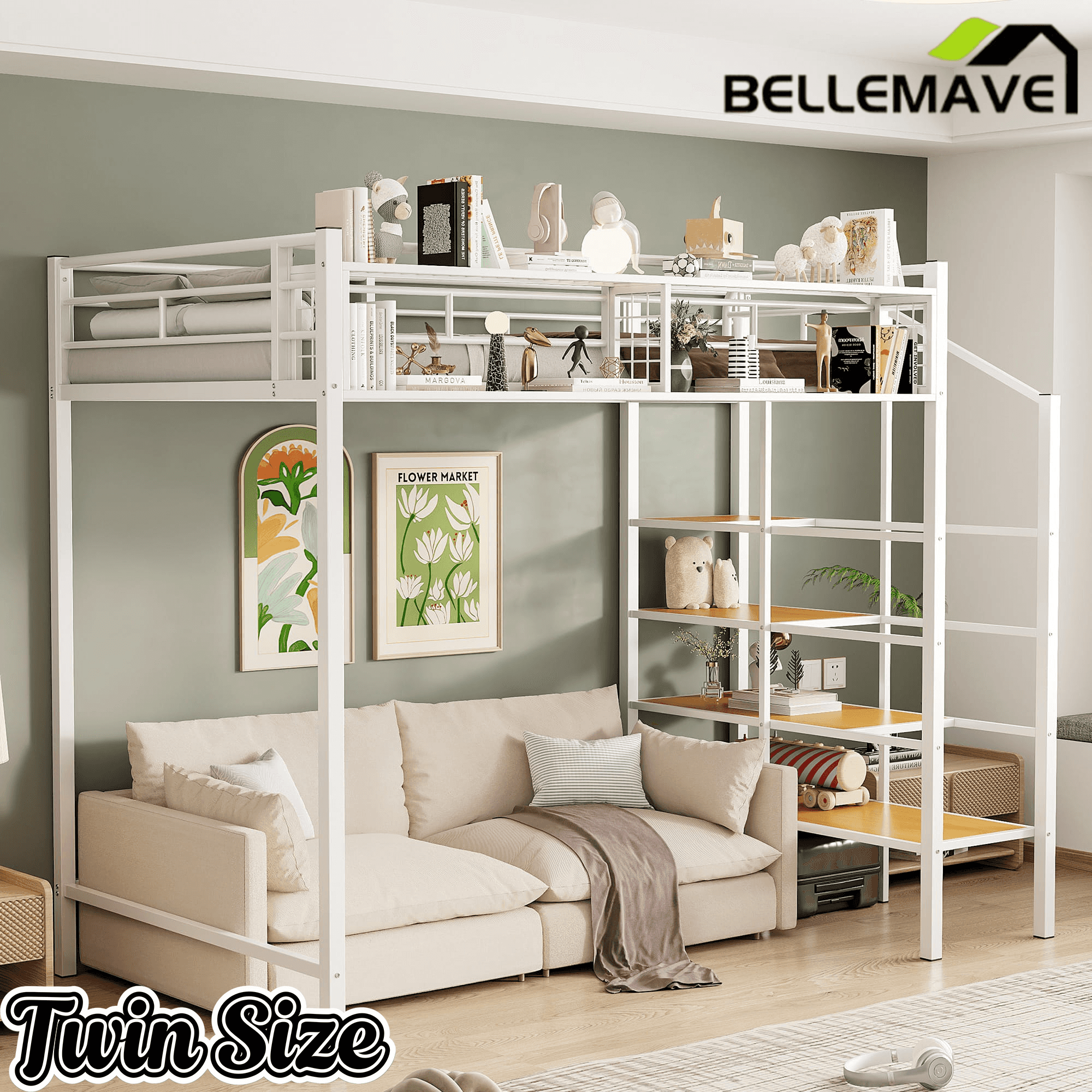 Bellemave® Twin Size loft Bed with Storage Stairs and Upper Grid Storage Shelf, Metal Twin Loft Bed Frame for Adults & Teens - Bellemave