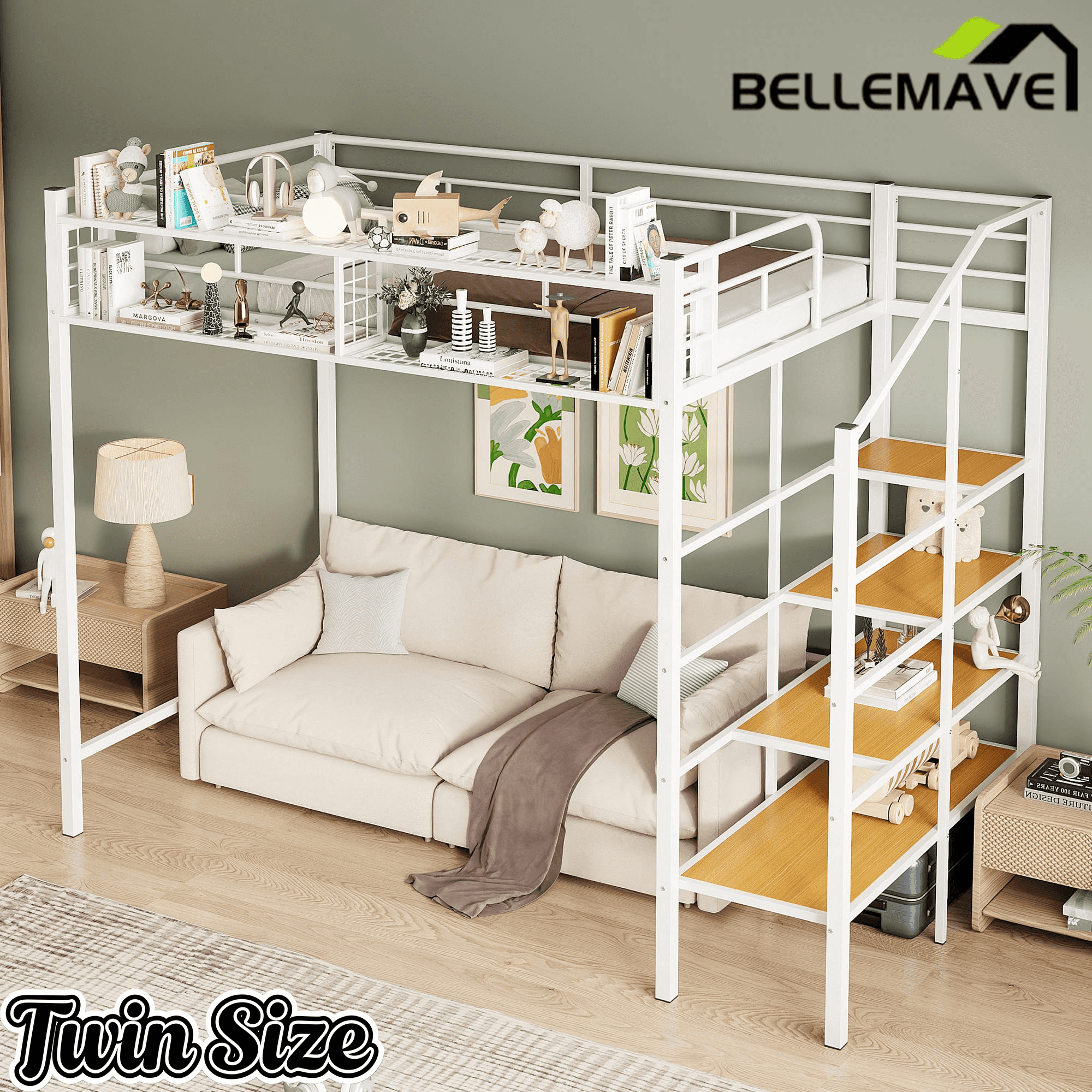 Bellemave® Twin Size loft Bed with Storage Stairs and Upper Grid Storage Shelf, Metal Twin Loft Bed Frame for Adults & Teens - Bellemave