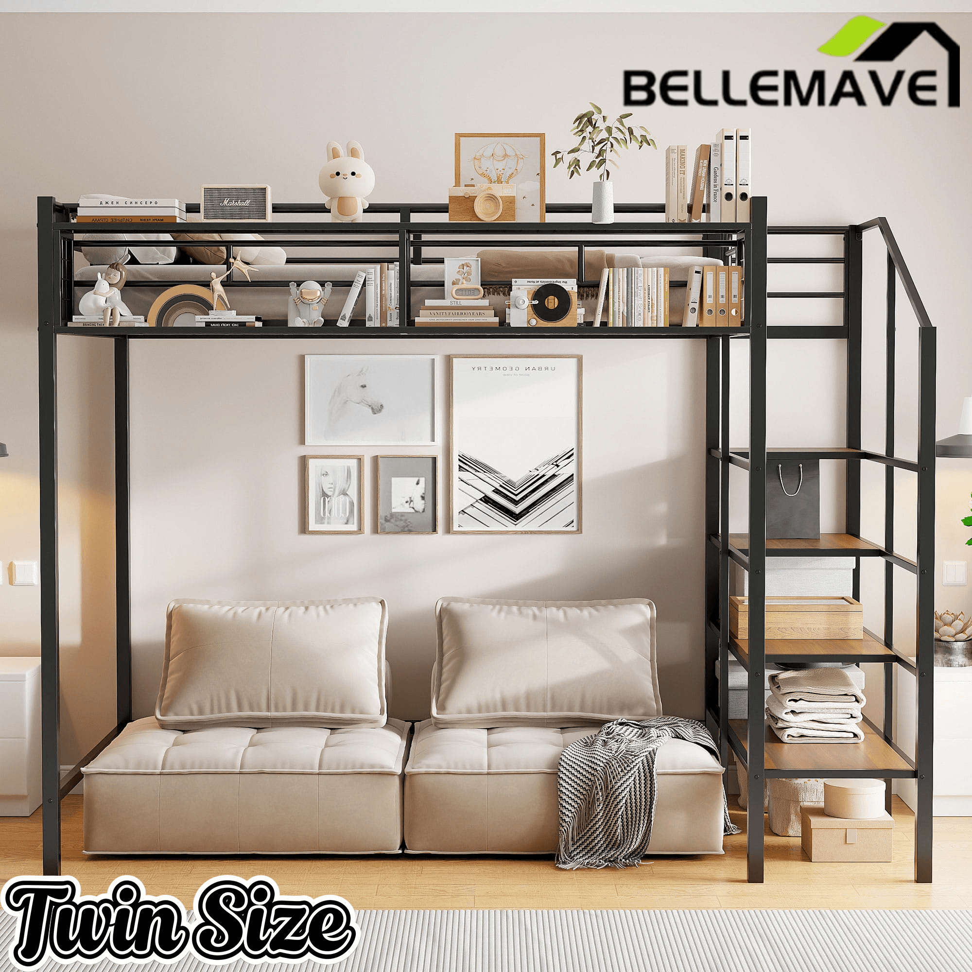 Bellemave® Twin Size loft Bed with Storage Stairs and Upper Grid Storage Shelf, Metal Twin Loft Bed Frame for Adults & Teens - Bellemave