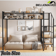 Bellemave® Twin Size loft Bed with Storage Stairs and Upper Grid Storage Shelf, Metal Twin Loft Bed Frame for Adults & Teens - Bellemave