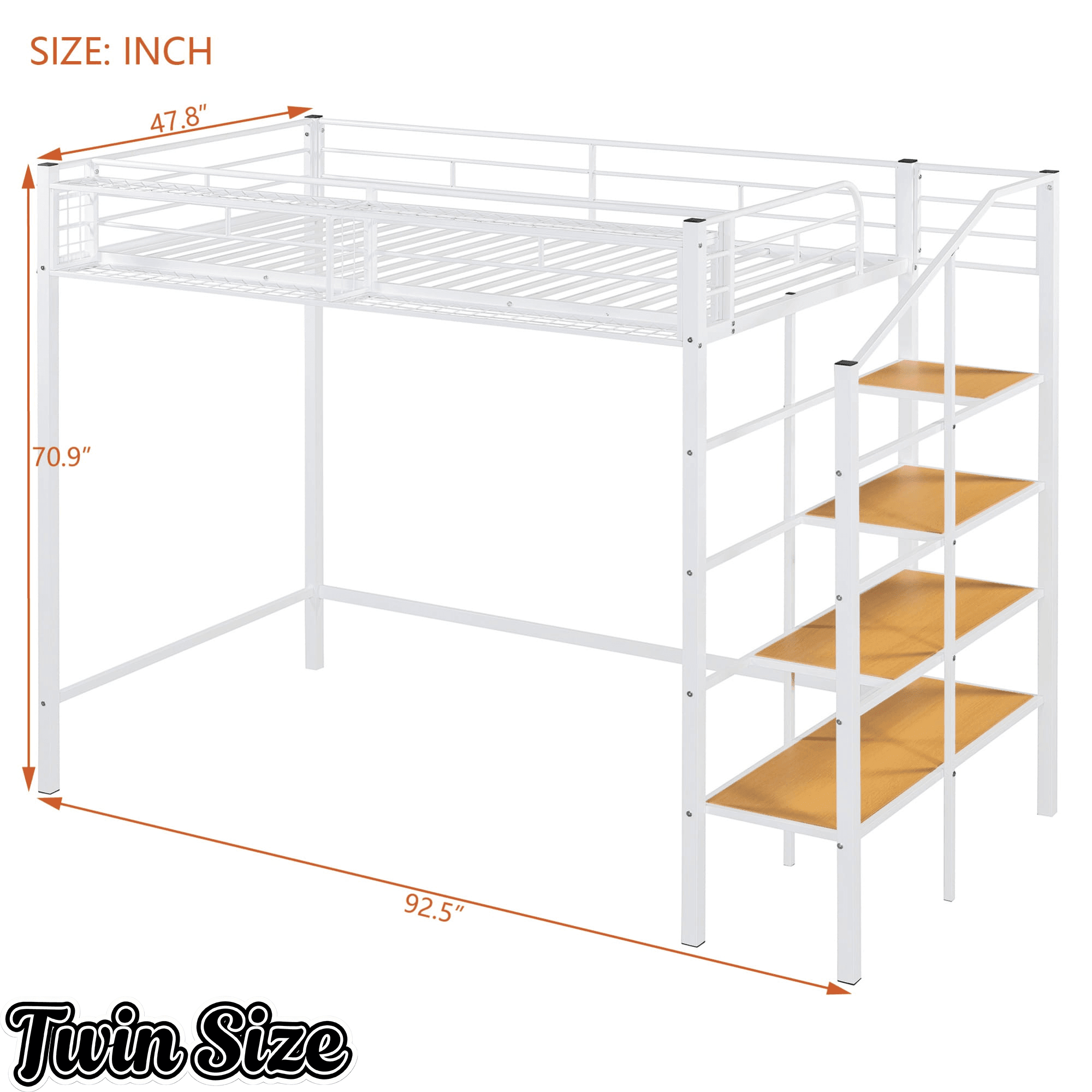 Bellemave® Twin Size loft Bed with Storage Stairs and Upper Grid Storage Shelf, Metal Twin Loft Bed Frame for Adults & Teens - Bellemave