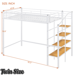 Bellemave® Twin Size loft Bed with Storage Stairs and Upper Grid Storage Shelf, Metal Twin Loft Bed Frame for Adults & Teens - Bellemave