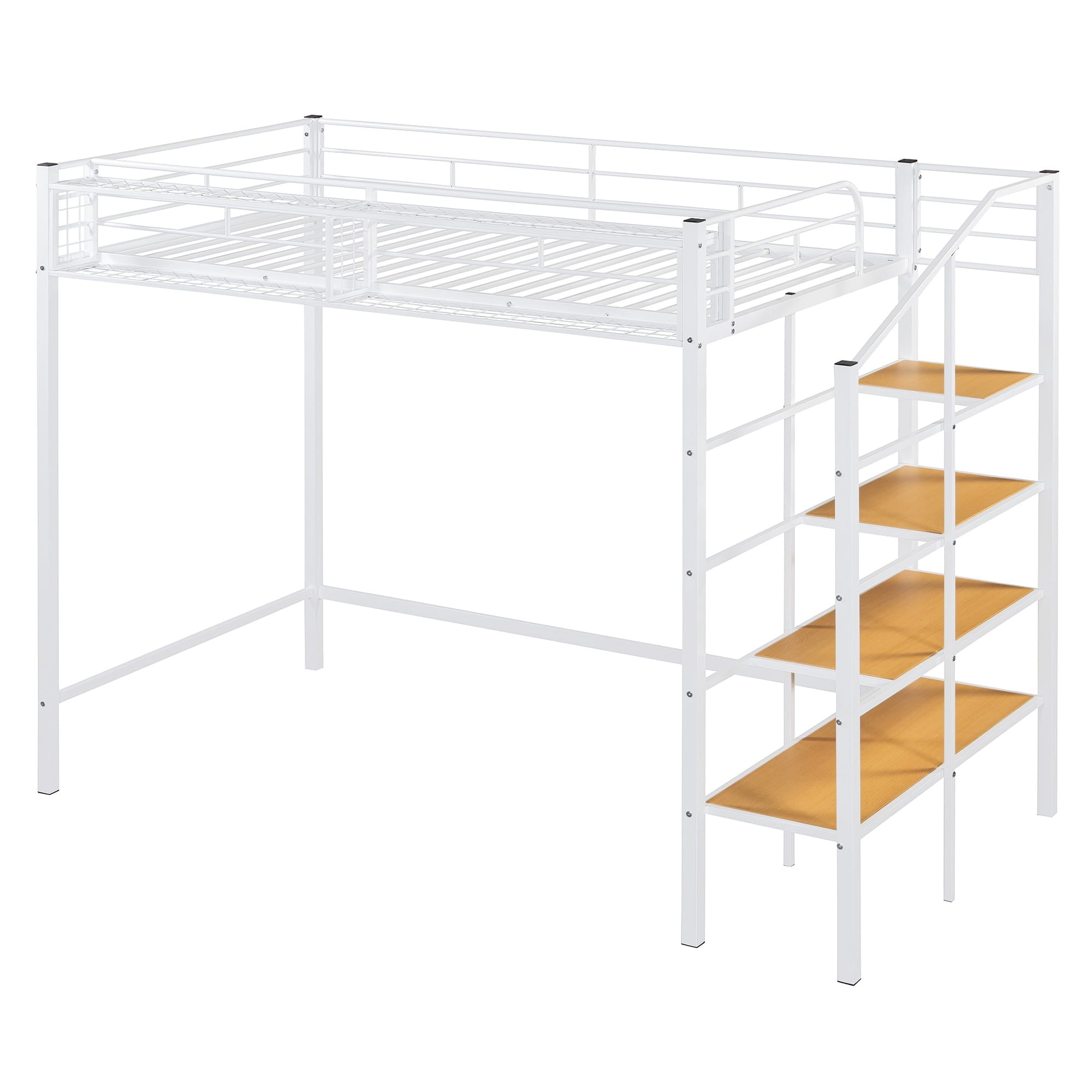 Bellemave® Twin Size loft Bed with Storage Stairs and Upper Grid Storage Shelf, Metal Twin Loft Bed Frame for Adults & Teens - Bellemave