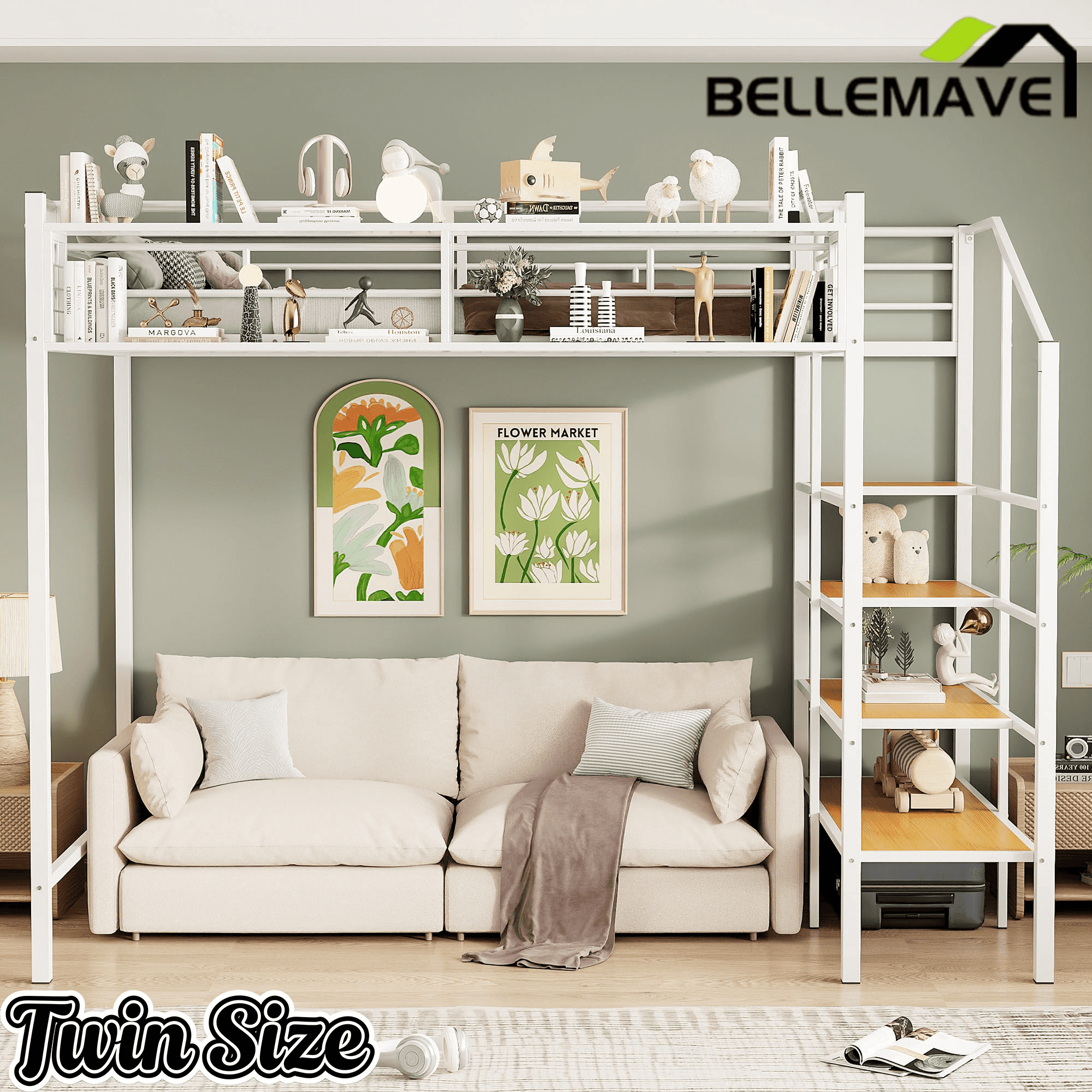 Bellemave® Twin Size loft Bed with Storage Stairs and Upper Grid Storage Shelf, Metal Twin Loft Bed Frame for Adults & Teens - Bellemave