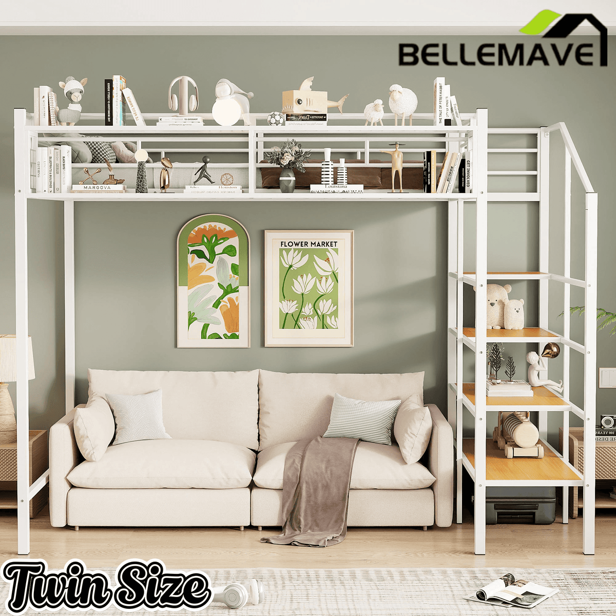 Bellemave® Twin Size loft Bed with Storage Stairs and Upper Grid Storage Shelf, Metal Twin Loft Bed Frame for Adults & Teens - Bellemave