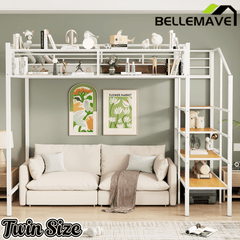 Bellemave® Twin Size loft Bed with Storage Stairs and Upper Grid Storage Shelf, Metal Twin Loft Bed Frame for Adults & Teens - Bellemave