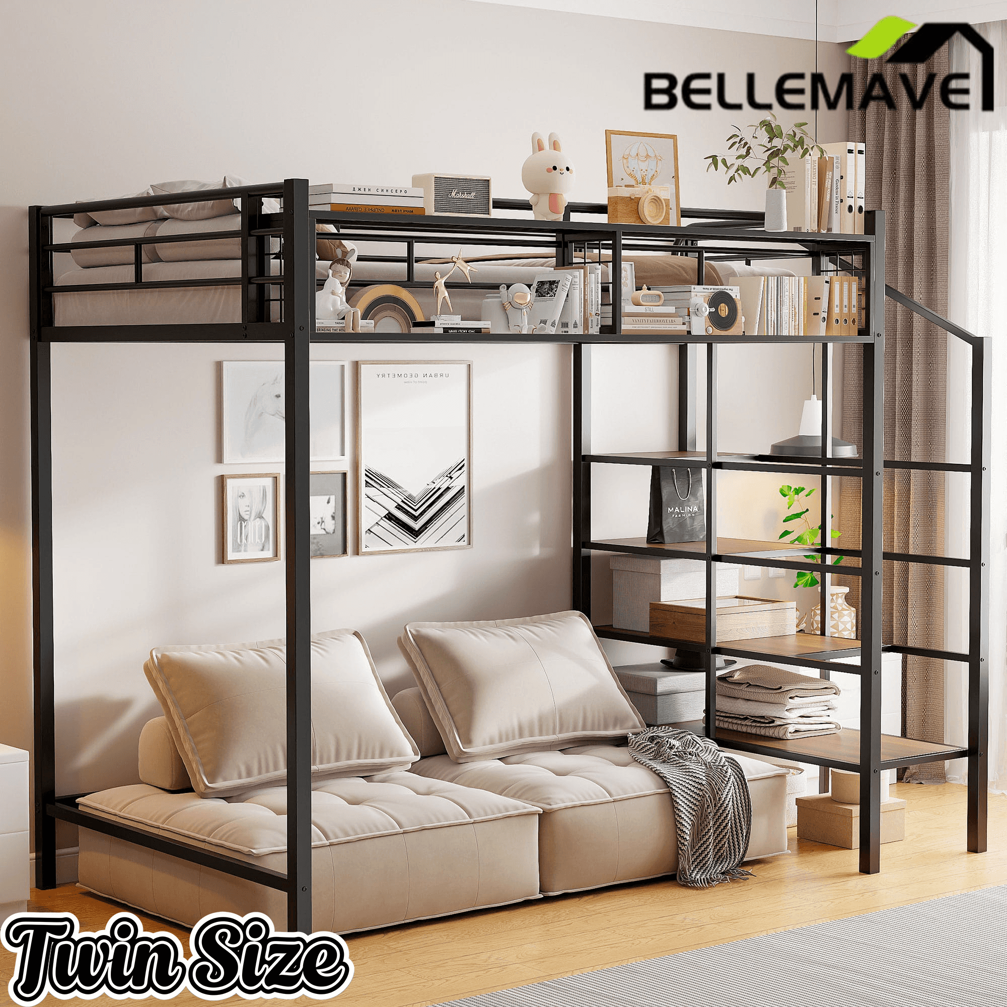 Bellemave® Twin Size loft Bed with Storage Stairs and Upper Grid Storage Shelf, Metal Twin Loft Bed Frame for Adults & Teens - Bellemave