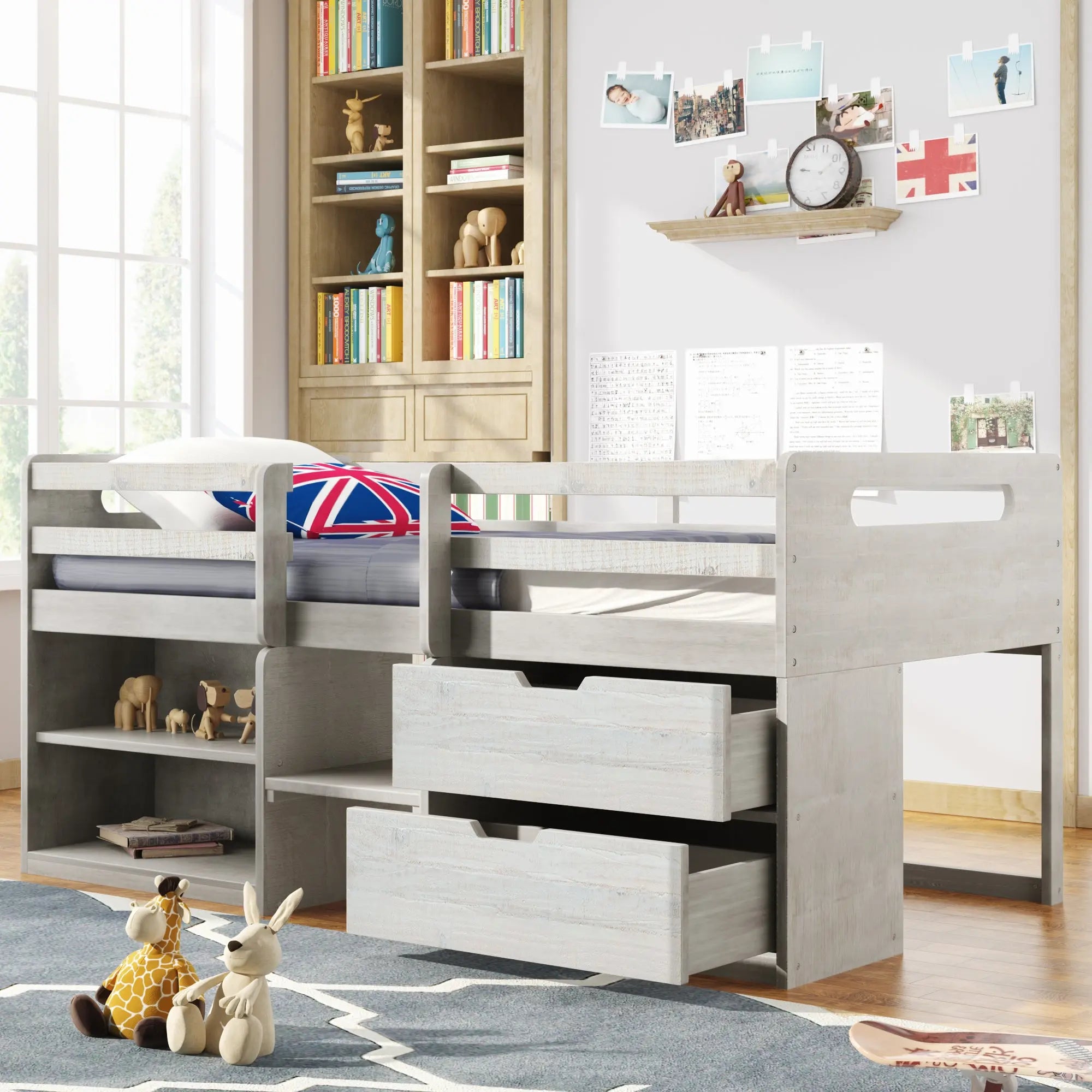 Bellemave® Twin Size Loft Bed with Two Shelves and Two drawers - Bellemave