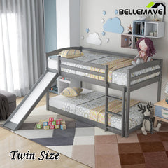 Bellemave® Twin Size Low Bunk Bed with Convertible Slide and Ladder - Bellemave