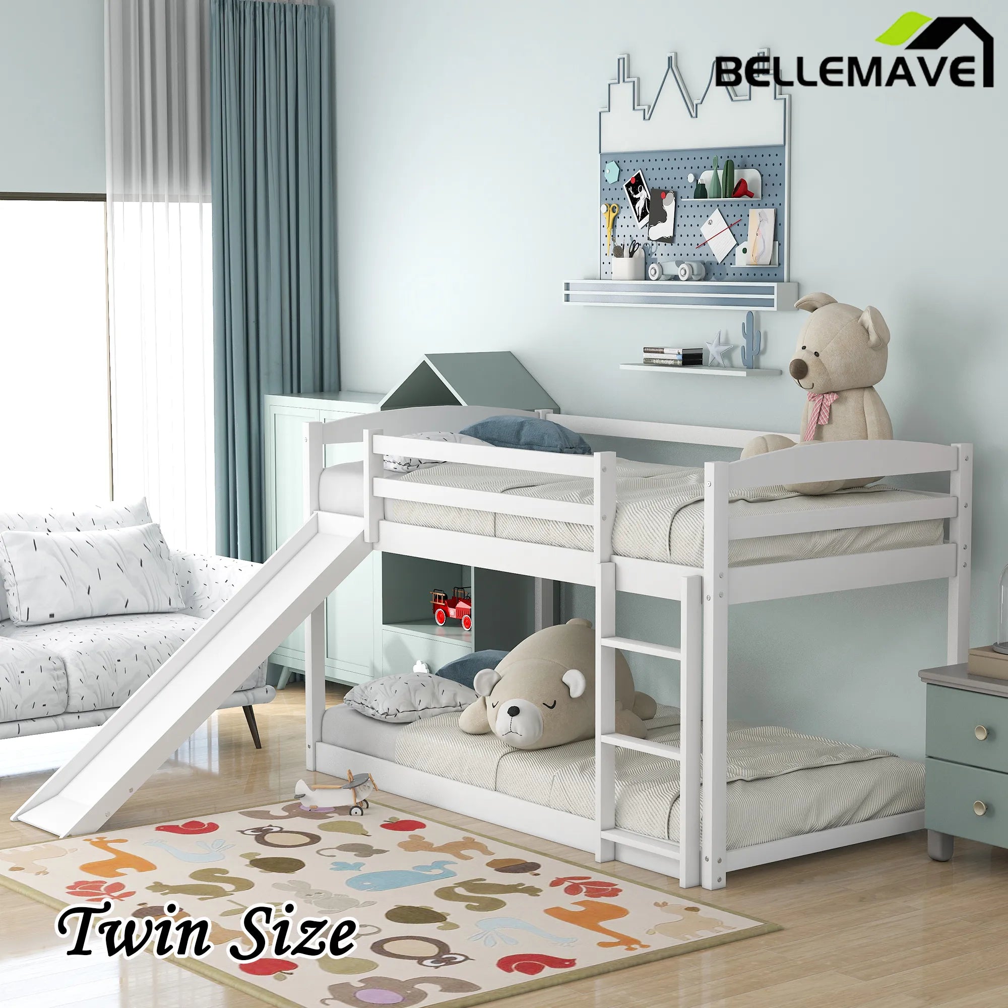 Bellemave® Twin Size Low Bunk Bed with Convertible Slide and Ladder - Bellemave