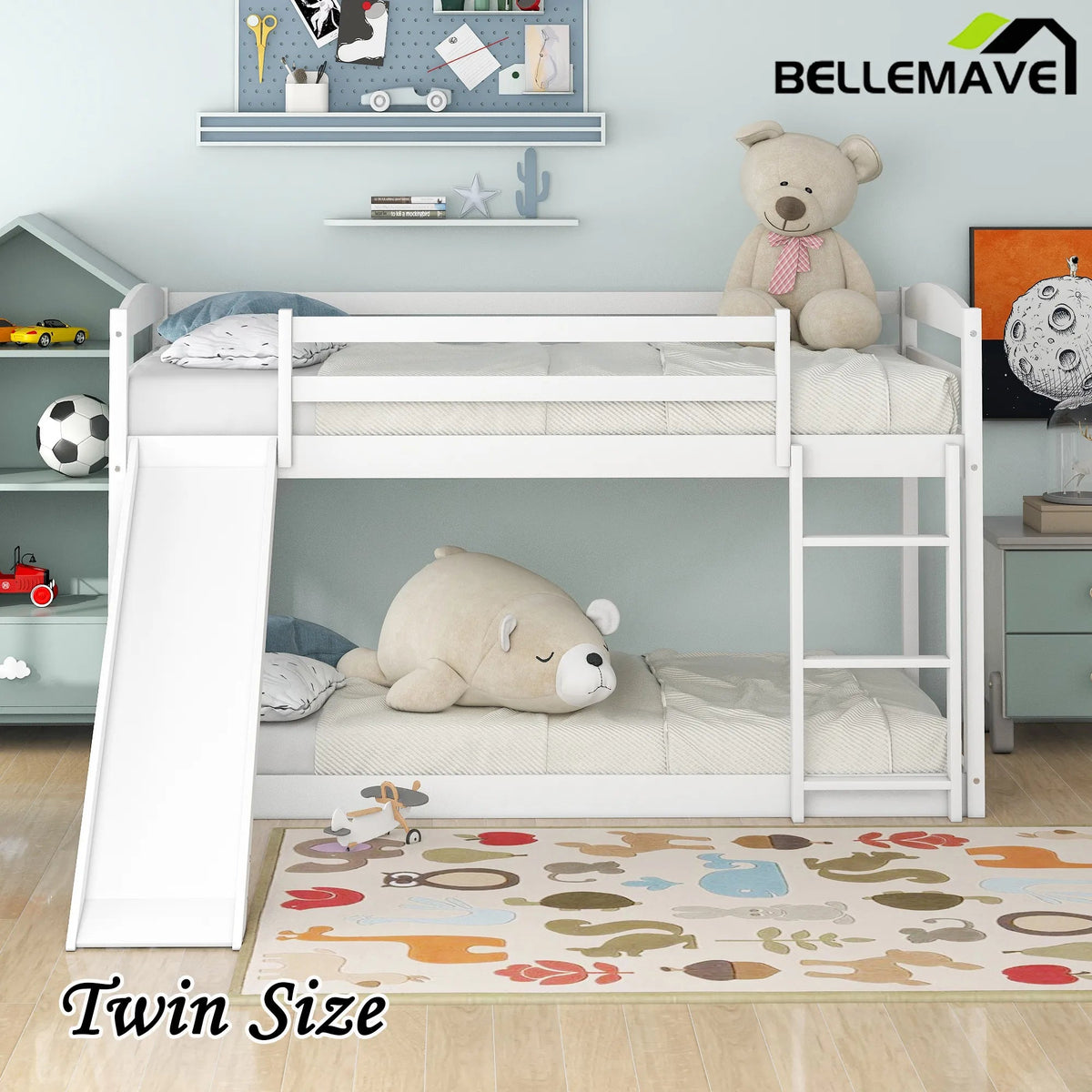 Bellemave® Twin Size Low Bunk Bed with Convertible Slide and Ladder - Bellemave