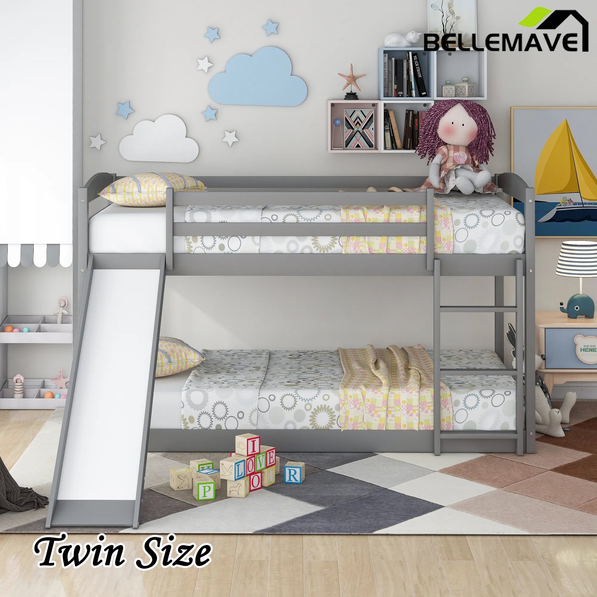 Bellemave® Twin Size Low Bunk Bed with Convertible Slide and Ladder - Bellemave