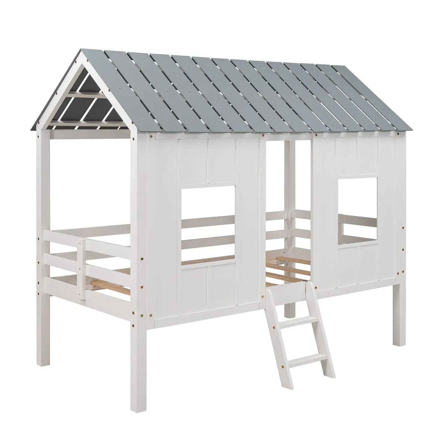 Bellemave® Twin Size Low House Loft Bed with Roof and Two Front Windows - Bellemave