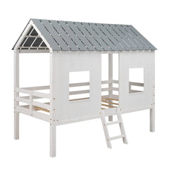 Bellemave® Twin Size Low House Loft Bed with Roof and Two Front Windows - Bellemave