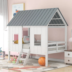Bellemave® Twin Size Low House Loft Bed with Roof and Two Front Windows - Bellemave